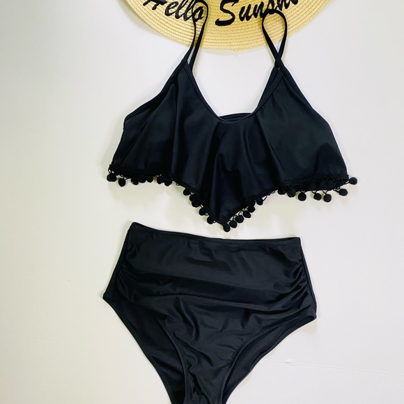 Tempt Me Two Piece High Waisted Bikini Ruffle Swimsuit Flounce Pom Pom Trim - Picture 5 of 5